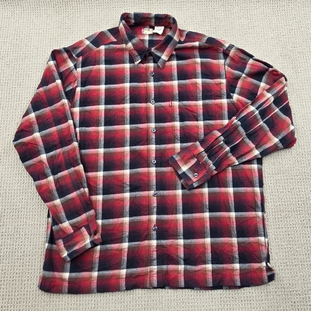 VTG Y2K Levis Red Tab Long‎ Sleeve Red Black Plaid Button Up Shirt Mens XL